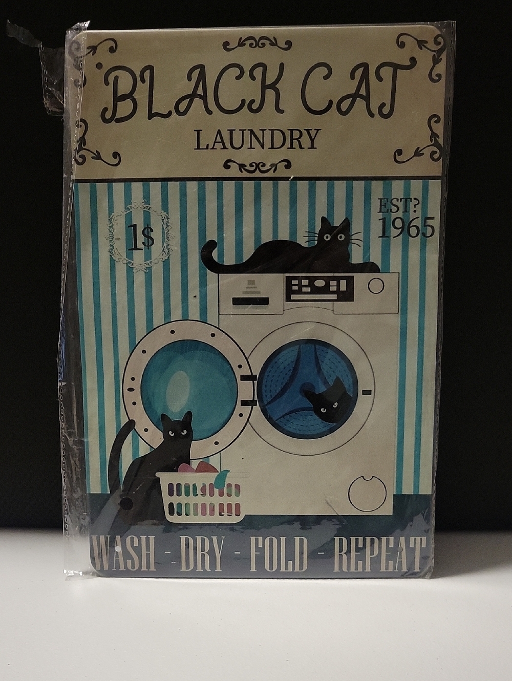 Black Cat Laundry Vintage-Style Wall Art Sign - Teal & Cream